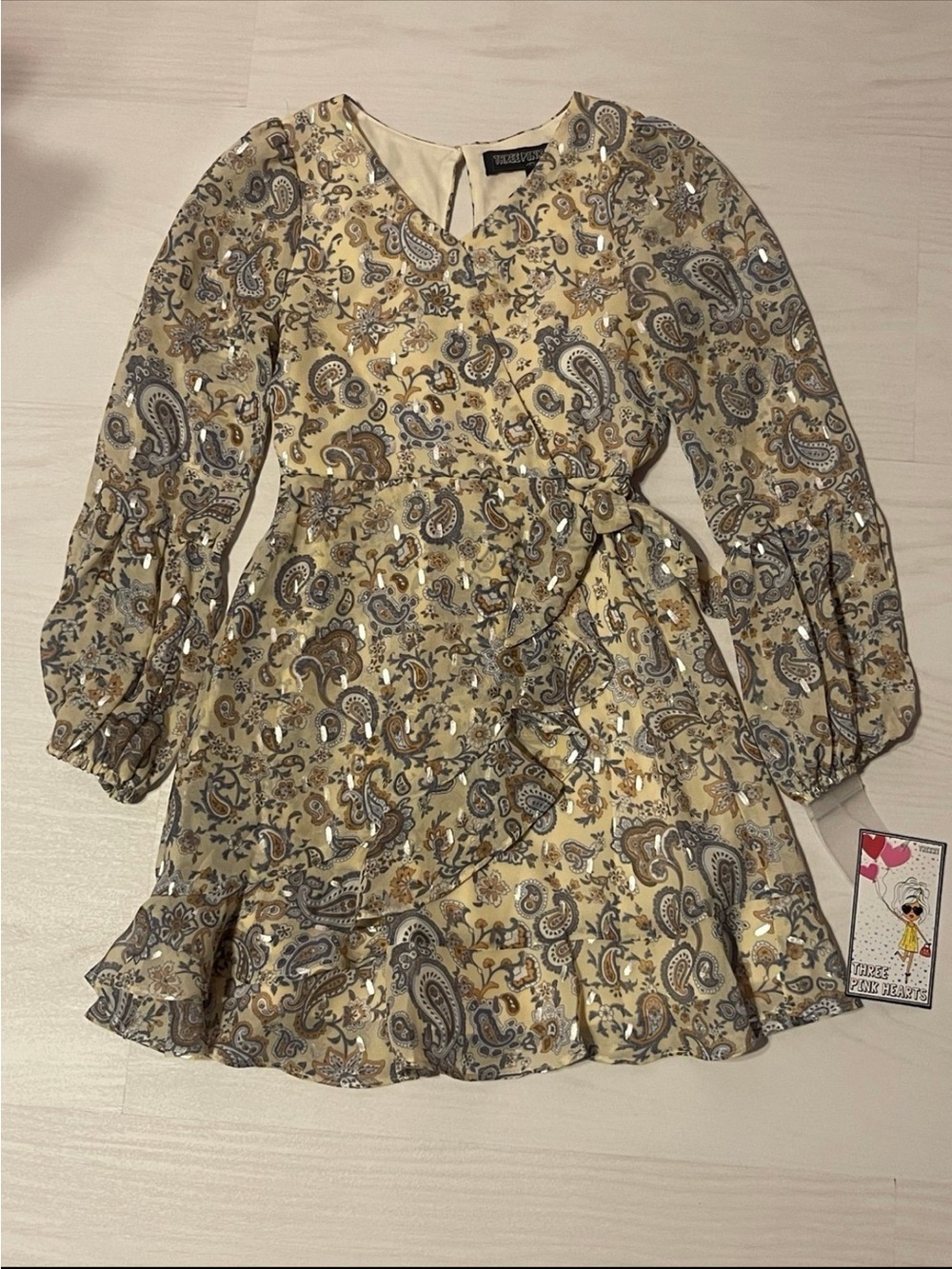 Three Hearts Cream & Brown Paisley Ruffle Wrap Dress with Tie